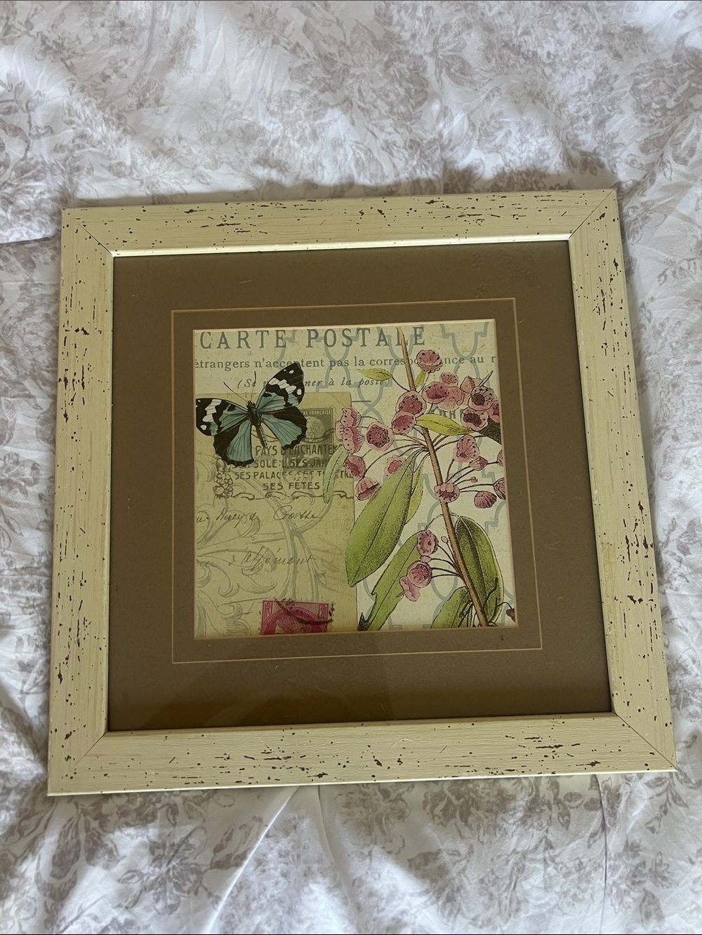 Shabby Chic/Y2K Botanical Butterfly Framed Wall Art - Cream Frame
